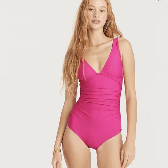 J Crew Bathing Suit Womens 10 Ruched V Neck One‎ Piece Pink Low Cut Beach Swim - Picture 1 of 14